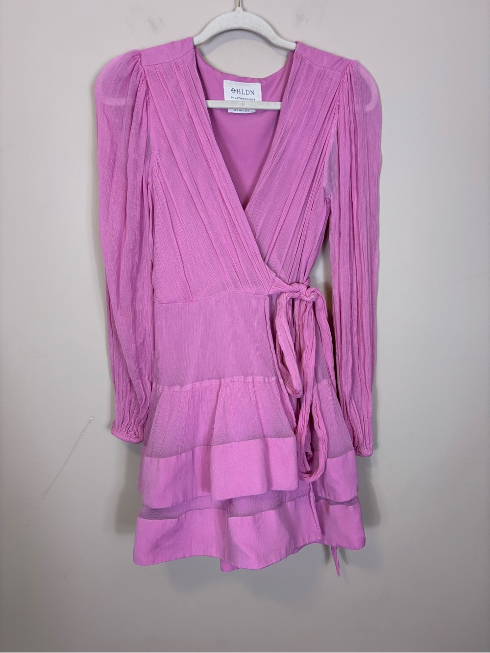 Flawed BHLDN Anthropologie Pink Ruffle Long Sleeve Wrap Front Mini Dress Small